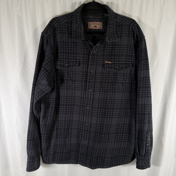 Orvis Flannel Button Up Men's XXL Grey Black Plaid Heavyweight Pockets Collared - Picture 1 of 12